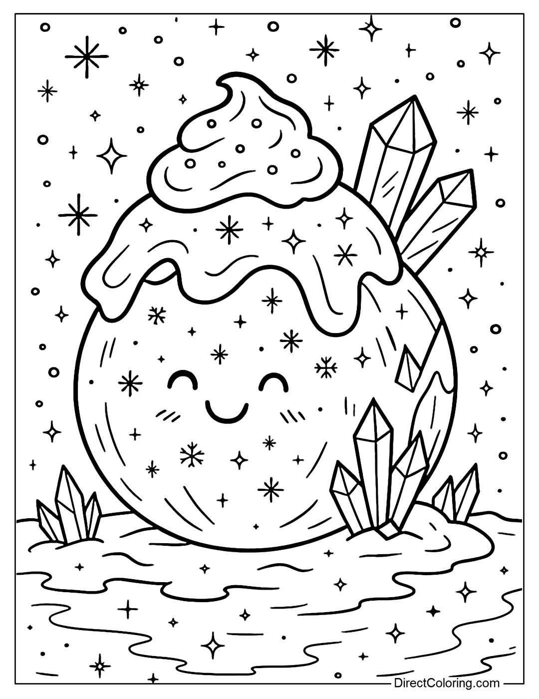 Coloring page of a frozen coconut planet, with coconut cream hills, ice crystals and sparkling snow.